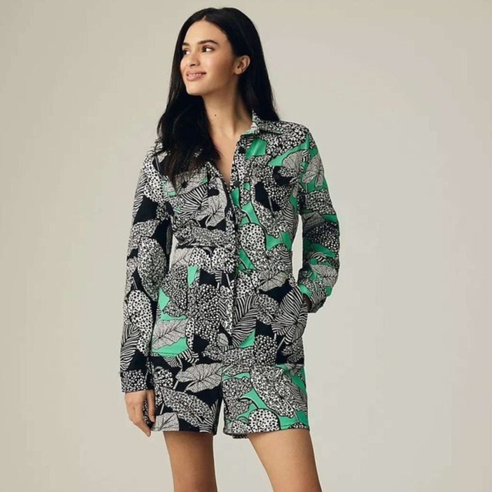 FARM Rio Black White and Green Printed Long-Sleeve Romper